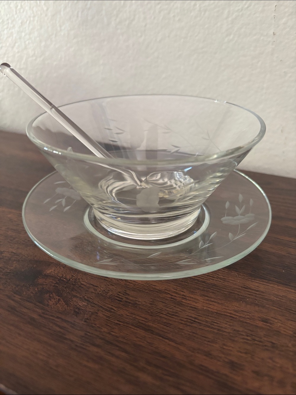 LAST CHANCE Etched Glass Sugar & Creamer Set, Covered Butter Dish & Sauce Bowl - Picture 6 of 9